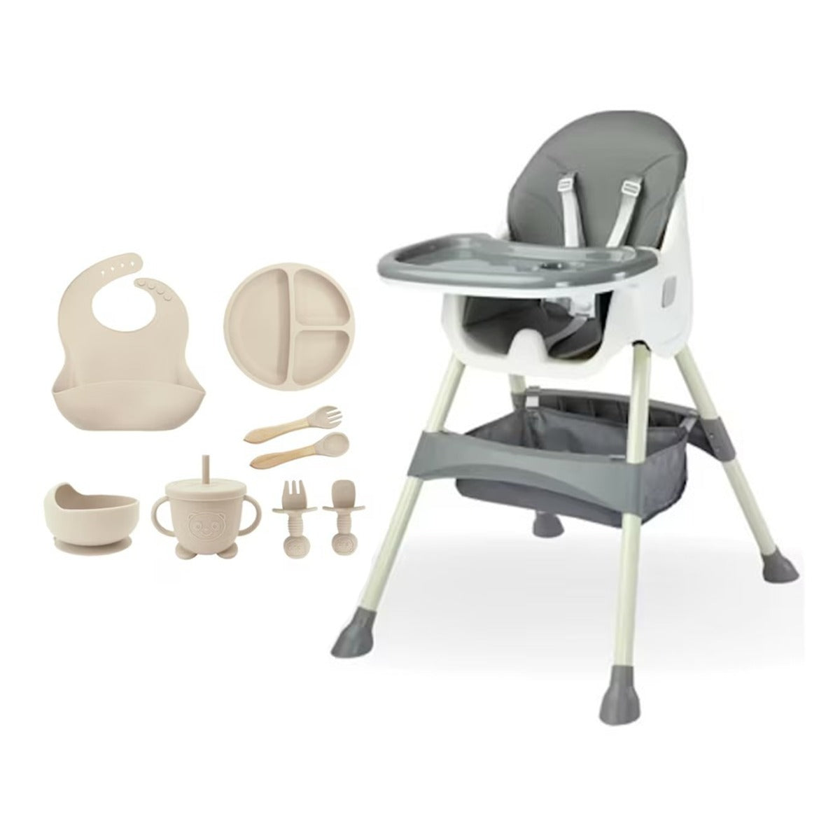 Pachet Promoțional Scaun Multifuncțional 4 în 1 KIDOO pentru Copii, Reglabil pe Înălțime și Înclinare, Design Modern și Portabil, Culoare Crem + Cadou Set 8 Piese Silicon pentru Hrănire Bebeluși